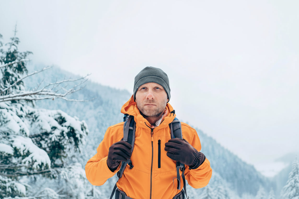 Person wearing an orange jacket and gray beanie with a backpack in a snowy landscape